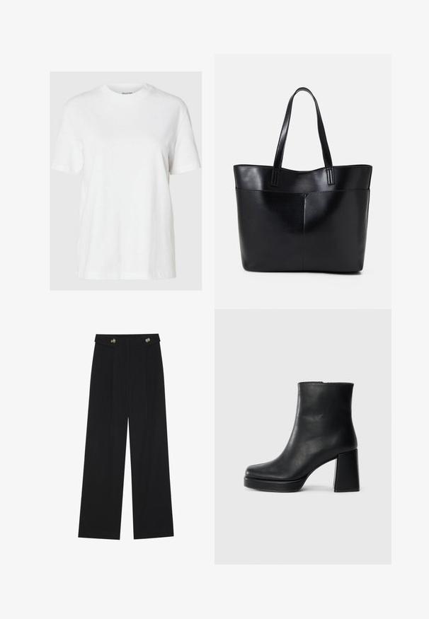 T-shirt de algodão branco com mangas curtas e decote redondo. Apresenta um corte descontraído e um design minimalista, sem padrões ou detalhes.; Calças largas pretas com cintura alta, detalhes em botão na cintura e pregas frontais.; Bota de couro preta até ao tornozelo com salto bloco e sola com plataforma, vista de lado sobre um fundo branco liso.; Bolsa tote preta em couro com duas alças longas, textura suave e forma estruturada. Apresenta um bolso frontal para armazenamento adicional.