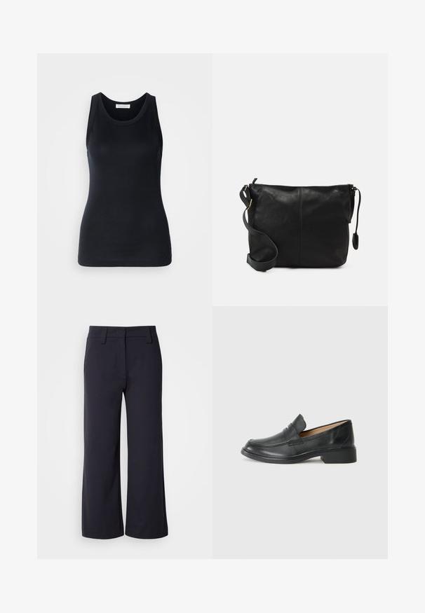 Top nero senza maniche realizzato in un tessuto morbido e elasticizzato. Caratterizzato da un collo rotondo e spalline larghe, con una vestibilità aderente e una superficie liscia.; Pantaloni a gamba larga di tessuto blu navy scuro. Presentano una parte anteriore piatta, passanti per cintura e tasche laterali. Il materiale è morbido con una leggera elasticità.; Mocassino in pelle nera con tacco basso, caratterizzato da un design cucito e stile slip-on, posizionato su uno sfondo bianco uniforme.; Borsa a tracolla in pelle nera con forma piatta, dettagli in metallo dorato e tracolla regolabile. Texture liscia con dettagli di cucitura minimi.