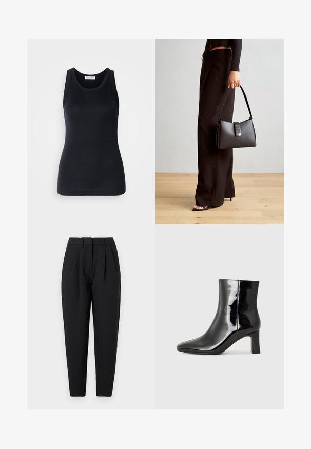 Melnā top forma bez piedurknēm, kas izgatavota no mīksta, elastīga auduma. Iezīmes apaļa kakla izgriezuma un platām plecu lencēm, ar pieguļošu siluetu un gludu tekstūru.; Melnas bikses ar taisnu piegriezumu, ar krokām priekšā, gludu tekstūru un sānu kabatām. Jostasvieta ir standarta augstumā.; Melnas patentētas ādas potīšu zābaki ar norādītu pirkstu un vidēja augstuma kvadrātveida papēdi. Gluda tekstūra un minimālisma dizains.; Melnā somiņa ar strukturētu formu, gludu tekstūru un metālu sprādzi. Saskaņota ar platām melnām biksēm un sandālēm ar atvērtu purngalu uz koka grīdas.