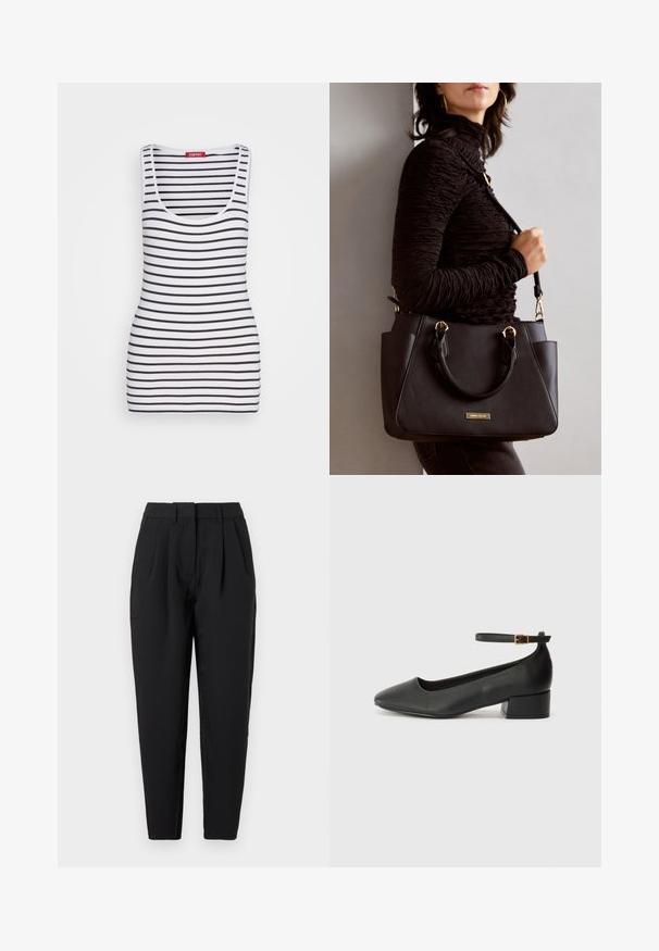 Esprit TANK - Top - black; Pantalones negros de corte recto, con pliegues en la parte delantera, textura suave y bolsillos laterales. La cinturilla es de altura estándar.; Zapato de tacón negro de cuero con punta afilada y tacón bajo cuadrado. Presenta una correa para el tobillo con una hebilla en tono dorado. Textura suave.; Bolso negro con superficie texturizada, doble asa superior y correa para hombro ajustable. Presenta herrajes en tono dorado y bolsillos laterales.
