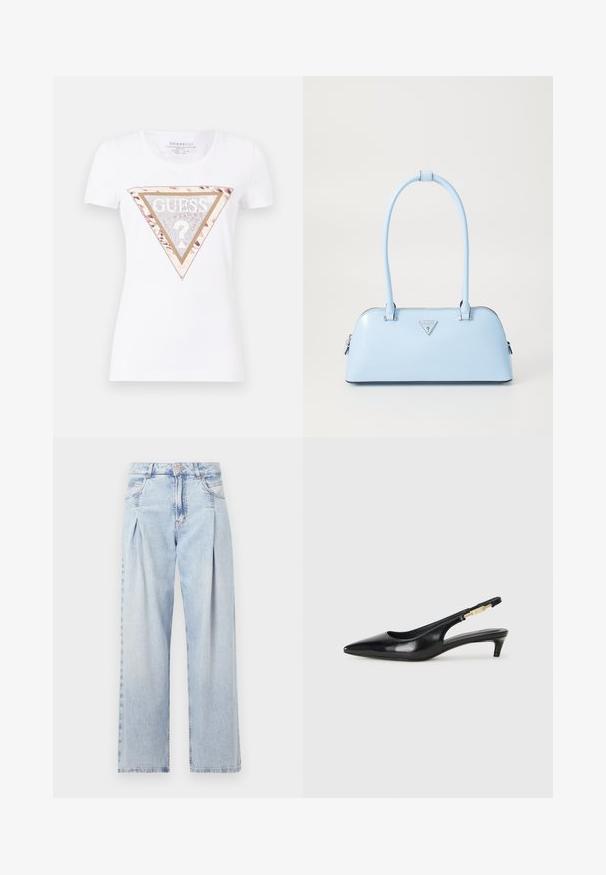 Vit t-shirt med kort ärm som har en triangulär grafik med ett blommönster, glittrande detaljer och text i guldton i mitten.; Ljust blå denimjeans med hög midja, vida ben, två sidofickor och veckad design. Mjuk textur med en blekt finish.; Svart läder slingback-hälar med spetsig tå, med en smal klack och en guldtonad detalj på den justerbara remmen. Slät textur.; Ljusblå handväska med en strukturerad form, slät lädermaterial, två handtag och en triangulär logotyp framtill. Dragkedjestängning.
