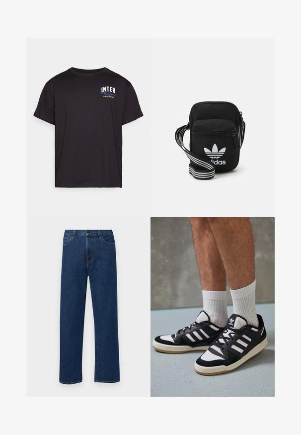 Czarna bawełniana koszulka z krótkim rękawem, z białym i niebieskim nadrukiem tekstu "INTER" oraz "Nerazzurri" na klatce piersiowej. Luźny krój.; Granatowe dżinsy prostego kroju z kieszeniami z przodu i zapięciem na guzik, zaprezentowane na jednolitym białym tle.; Czarno-białe sneakersy z zamszową i skórzaną cholewką, z trzema białymi paskami, perforowanym czubkiem i gumową podeszwą w kolorze gumy.; Czarna torba crossbody wykonana z materiału, z zamknięciem na zamek błyskawiczny, z białym logo Adidas oraz regulowanym paskiem w paski, co ułatwia noszenie.