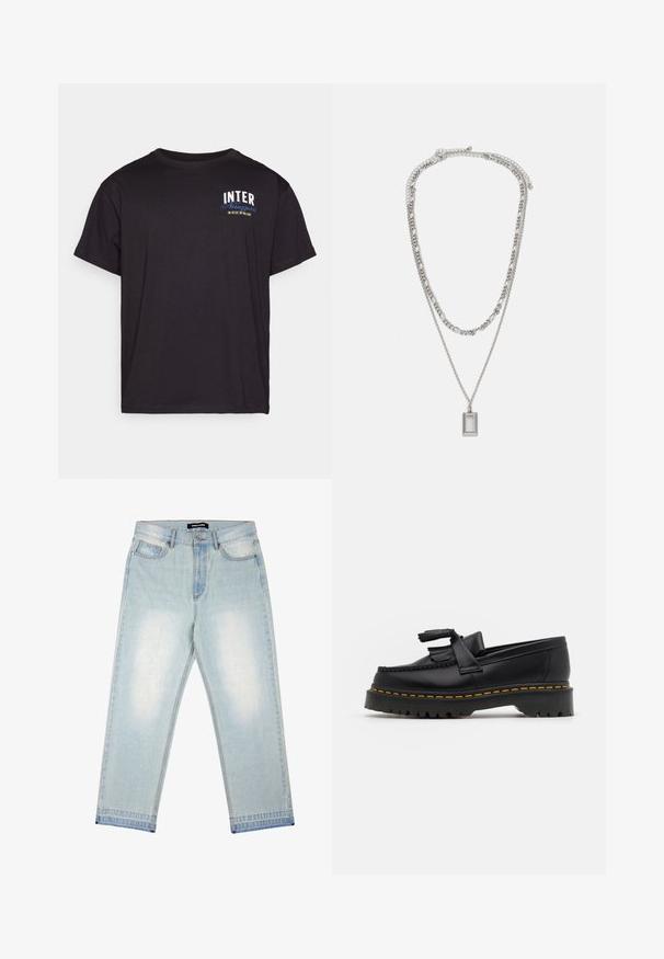 Melna kokvilnas T-kreklā ar īsām piedurknēm, ar baltu un zilu apdrukātu tekstu "INTER" un "Nerazzurri" uz krūtīm. Brīva piegriezuma.; Pegador BARROW - Brīvi džinsi - sand washed blue; Melnas ādas mokasīni ar pērlītēm uzsvaru, ar masīvu melnu zoli un dzeltenu šuvumu gar malu. Ar teksturētu apdari.; Sudraba kaklarota ar divām slāņainām ķēdēm; satur taisnstūra piekariņu ar gludu virsmu, kas izceļas ar spīdīgu metāla apdari.