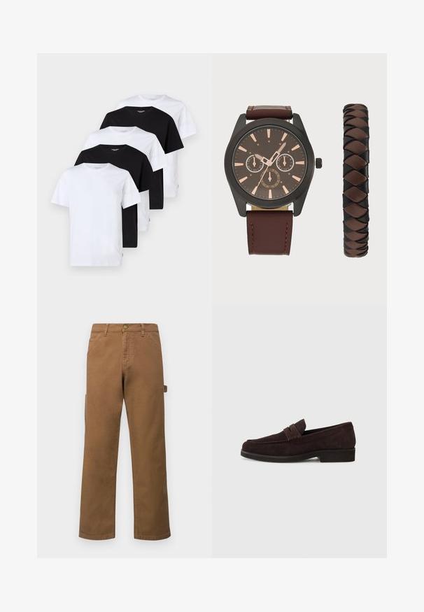 Cinco camisetas de manga corta mostradas: dos blancas, tres negras. Cada una está hecha de algodón, con cuello redondo y corte regular.; Pantalones cargo de algodón marrón con piernas rectas, que presentan bolsillos laterales y un cierre de botón metálico en la cintura. Textura suave y diseño casual.; Mocasines de ante marrón con un perfil bajo y punta redonda. Presentan una correa decorativa en la parte superior, suela plana de goma y sin costuras visibles.; Pier One SET - Reloj - black/brown