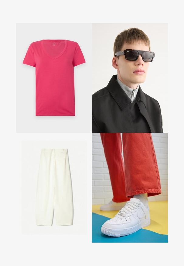 Tricou din bumbac roz cu decolteu în V și mâneci scurte. Textură moale, design ajustat și fără modele sau accente vizibile.; Pantaloni evazați dintr-un material crem moale, cu o textură fină, buzunare frontale și o croială lejeră cu un talie de înălțime medie.; Tenis alb din piele cu fanta pe vârful piciorului, talpă texturată și șireturi albe, purtat cu pantaloni larga roșii și un fundal albastru și galben.; Ochelari de soare din scoică cu accente negre și formă rectangulară. Brațele gri prezintă logo-ul brandului. Purtați cu o haină neagră și un top gri cu guler înalt.