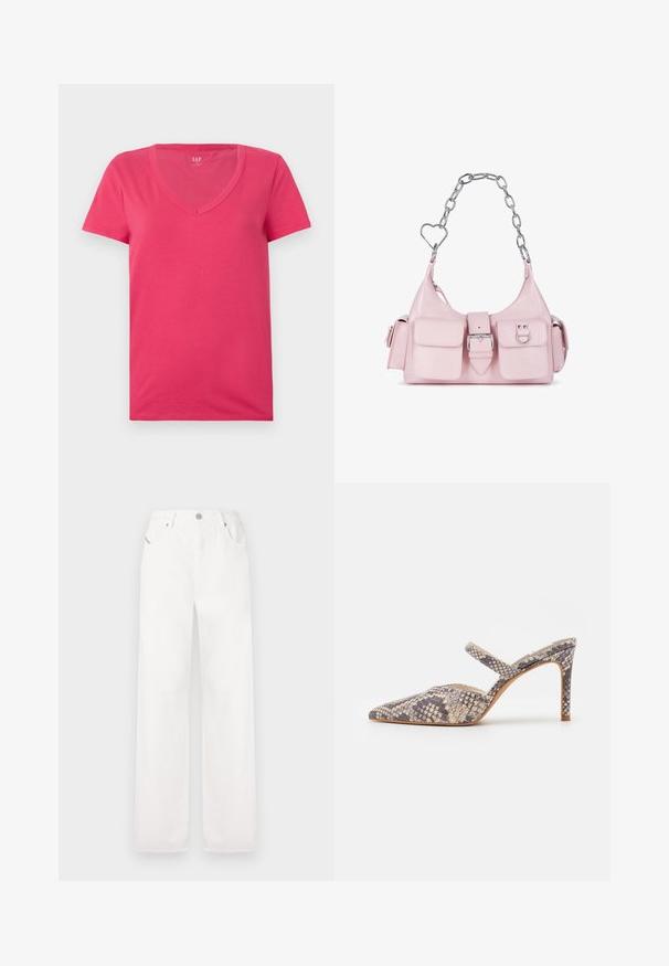 Rózsaszín pamut póló V-nyakkal és rövid ujjakkal. Puha textúra, testhez álló kialakítás, és nincsenek látható minták vagy akcentusok.; Fehér pamut, bő szárú nadrág klasszikus öt zsebes kialakítással és fémből készült gombos záródással, finom öltési részletekkel.; Dolce Vita KANIKA - Magas sarkú papucsszandálok - black/white; Rózsaszín műbőr kézi táska ezüst láncfogantyúval, szív alakú díszekkel, elülső csattal és két kis zsebbel az elején.