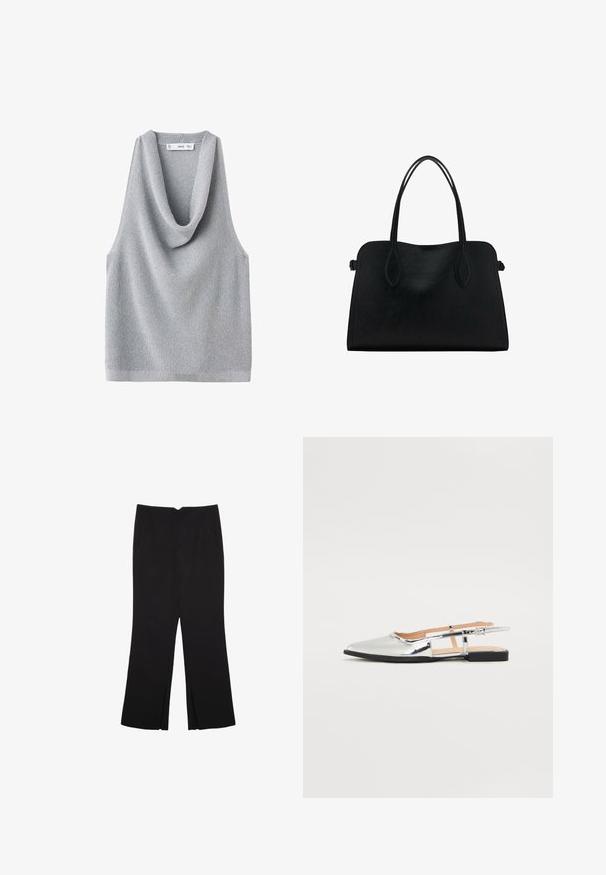Ærmeløs grå striktop med draperet cowl-krave. Tekstureret stof og en afslappet pasform, med lige nederkant og minimalistiske detaljer.; Sorte bukser med lige pasform, der har frontlommer og slidser i kanten. Lavet af blødt, glat stof. Velegnet til forskellige anledninger.; Sølv slingback flade sko med spids tå og lav hæl. Skinnende patentfinish med udsparinger på siderne og justerbar spænde.; Sort læderhåndtaske med dobbelte skulderremme, rektangulær form og minimalistisk design på en hvid baggrund.