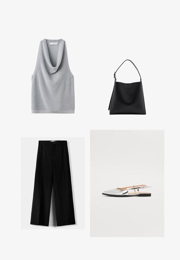 Top senza maniche grigio lavorato a maglia con scollatura drappeggiata. Tessuto testurizzato e vestibilità rilassata, con orlo dritto e dettagli minimi.; Pantaloni neri a gamba larga realizzati in tessuto leggero, caratterizzati da una chiusura frontale con bottone e frontale piatto, con orli cuciti con precisione.; Ballerine slingback argento con punta a punta e tacco basso. Finitura lucida in vernice con design a taglio sui lati e cinturino regolabile con fibbia.; Borsa a tracolla nera in pelle con una texture liscia, design minimalista e una sola tracolla curva. Apertura superiore, senza hardware visibile.