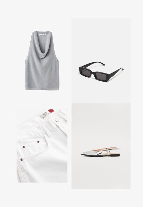 Hihaton harmaa neulepaita, jossa on laskostettu kaula-aukko. Rakenne on teksturoitu ja malli on rento, suoran helmeline ja minimalistisilla yksityiskohdilla.; Valkoiset farkkushortsit, joissa on keski-nostoinen malli, viisi taskua ja kuparinväriset yksityiskohdat. Vaahtokarkkimainen kangas ja ommellut yksityiskohdat.; Sateen hopeaflatit, joissa on terävä varvas ja matala korko. Kiiltävä lakattu pinta, sivuilla leikattu muotoilu ja säädettävä solki.; Mustat suorakaiteen muotoiset aurinkolasit, joissa tummat linssit, kiiltävä pinta, leveät sangan varret ja massiivinen kehysmuotoilu. Yhden sangansivun kaiverrettu brändinimi.; Mustat nahkakäsilaukku, jossa on sileä pinta, minimalistinen muotoilu ja yksi kaareva olkahihna. Avoin yläpää, ei näkyvää metalliosaa.