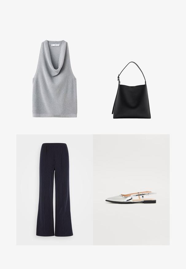 Mouwloos grijs gebreid topje met een gedrapeerde colhals. Textuurstof en een relaxed fit, met een rechte zoomlijn en minimale details.; Marineblauwe wijde broek met verticale witte streepjes, elastische tailleband en een zachte stoftextuur, die een ontspannen pasvorm biedt.; Zilveren slingback ballerina's met een spitse neus en een lage hak. Glanzende lakafwerking met uitsparingen aan de zijkanten en een verstelbare gesp.; Zwarte leren handtas met een gladde textuur, minimalistisch design en een enkele, gebogen schouderband. Open bovenkant, geen zichtbare hardware.