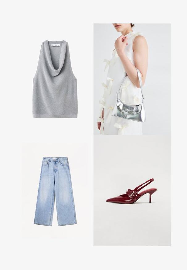 Bezrukávový šedý pletený top s voľným výstrihom. Textúrovaná látka a uvoľnený strih, s rovnou dolnou časťou a minimálnym zdobením.; Bershka WIDE-LEG - Široké nohavice - light-blue denim; Červené lakované kožené sandále na podpätku s jemne špičatou špičkou, dvoma prackovými remienkami a štíhlym, stredne vysokým ihlovým podpätkom. Hladký povrch.; Strieborná metalická kabelka so štruktúrovaným tvarom, ktorá má hornú rukoväť a mašľu na prednej strane. Hladká textúra, reflexný povrch.