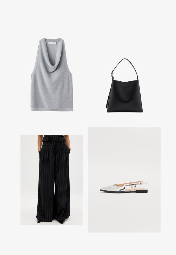 Sleeveless gray knit top with a draped cowl neckline. Textured fabric and a relaxed fit, featuring straight hemline and minimal detailing.; Black wide-leg trousers made from a smooth fabric with vertical pinstripes. Features a belted waist and side pockets.; Silver slingback flats with a pointed toe and low heel. Glossy patent finish with cutout design on the sides and adjustable buckle strap.; Black leather handbag with a smooth texture, minimalistic design, and a single, curved shoulder strap. Open top, no visible hardware.
