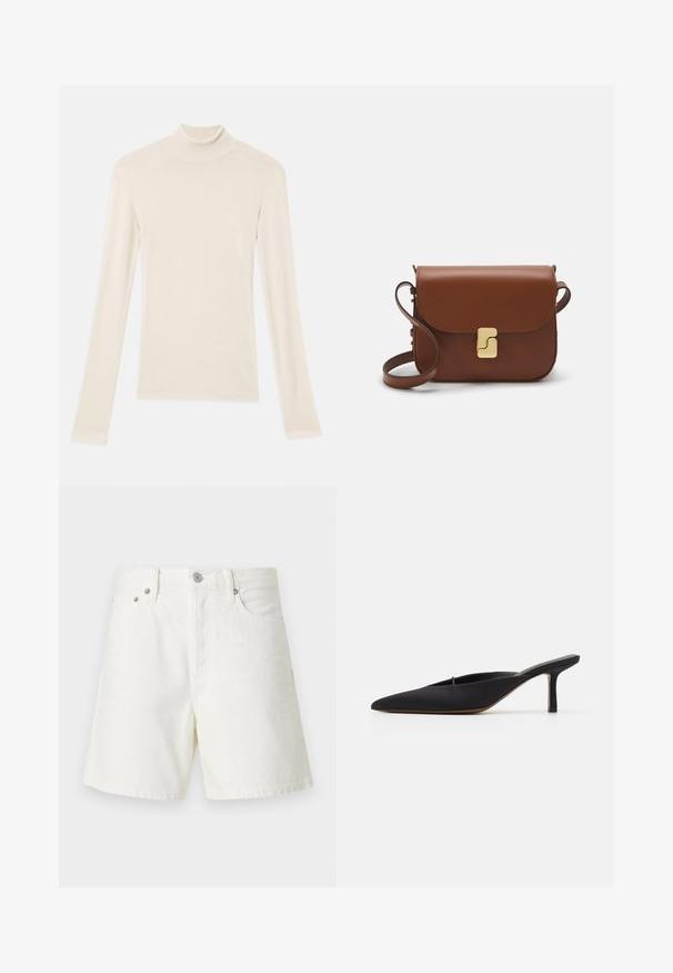 Cremfarbener Rollkragenpullover mit langen Ärmeln aus einem weichen, leichten Stoff. Verfügt über ein tailliertes Design mit glatten Nähten und einem schmalen Kragen.; Weiße Jeansshorts mit geradem Schnitt, Fünf-Taschen-Design, vorderem Knopfverschluss, silberner Hardware und genähten Details.; Schwarze spitz zulaufende Mule mit einem eleganten Design, aus glattem Material gefertigt, verfügt über einen schmalen Absatz und eine offene Ferse für ein einfaches An- und Ausziehen.; Braune Ledertasche mit Klappenverschluss, Beschlägen in Goldfarbe, einem Schultergurt und einer glatten Oberfläche. Kompakte rechteckige Form.