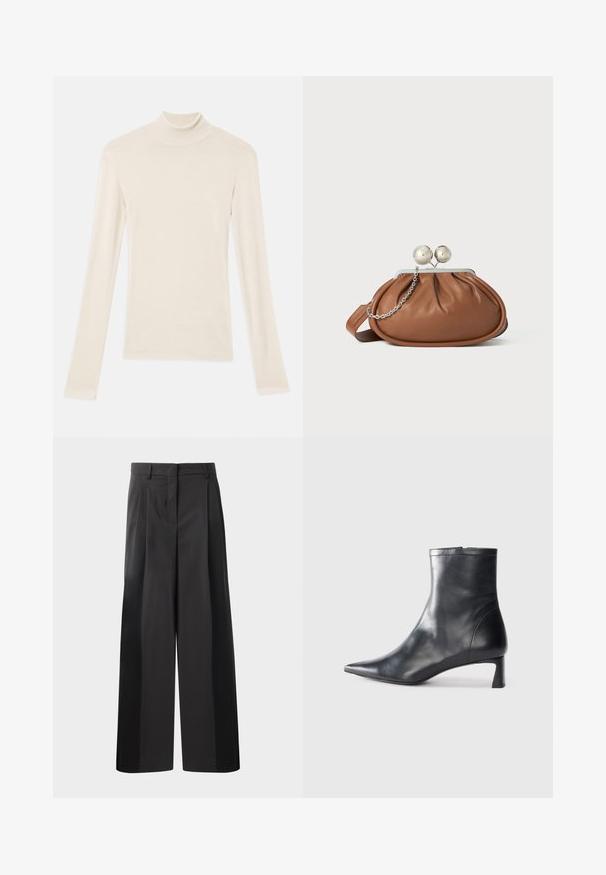 Haut à col roulé crème à manches longues en tissu doux et léger. Doté d'un design ajusté avec des coutures lisses et un col étroit.; Pantalon large noir avec une taille haute, doté de plis avant, d'une texture lisse et d'une finition ajustée. Conçu pour un ajustement décontracté.; Bottine en cuir noir avec un bout pointu et un design épuré. Présente un petit talon et une fermeture éclair à l'arrière. Texture lisse.; Pochette en cuir marron avec un fermoir à boule en argent et un petit détail en chaîne argentée sur fond blanc.