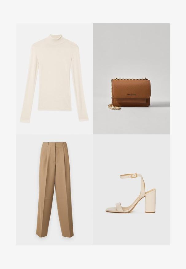 Cream turtleneck long-sleeve top made of a soft, lightweight fabric. Features a fitted design with smooth seams and a narrow collar.; Beige tailored trousers with a high waist, pleated front, and wide-leg cut. The fabric appears smooth with a slight sheen.; Beige high-heeled sandal with a square toe, thin ankle strap, and block heel. Smooth leather texture with a gold buckle detail.; Brown textured leather crossbody bag with gold chain strap and flap closure. Front features logo detail and a pocket under the flap.