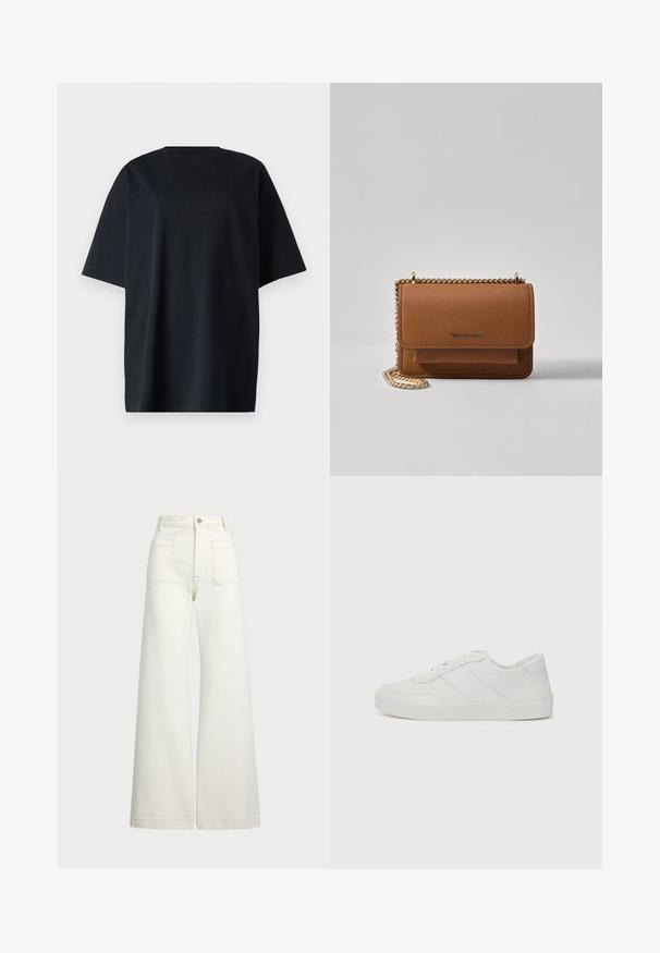 Svart oversized t-shirt i bomull, med korta ärmar, rund halsringning och subtil präglad branding på baksidan.; Vida jeans i off-white denim. Hög midja med knappstängning, två framfickor och kontrastsömnadsdetaljer.; Vit lädersneaker med platta snören, rund tå och subtila sömnadsdetaljer. Har en texturerad sula och präglad logotyp på hälen.; Brun texturerad läder crossbody-väska med guldkedja och klaffstängning. Framsidan har logotypdetalj och en ficka under klaffen.