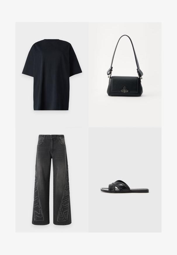 Čierne oversize tričko vyrobené z bavlny, s krátkymi rukávmi, okrúhlym výstrihom a jemným embosovaným logom na zadnej strane.; Čierne džínsy s širokými nohavicami vyrobené z denimu, s roztrhnutou vyšívanou grafikou po stranách a tradičným dizajnom s piatimi vreckami.; Čierne šľapky s hladkým koženým povrchom, so strapcami v tvare kríža a vyrezávanými detailmi, a plochou, flexibilnou podrážkou.; Čierna kožená kabelka s textúrovaným povrchom, obdĺžnikového tvaru, nastaviteľným popruhom a kovovým logom na prednej strane.