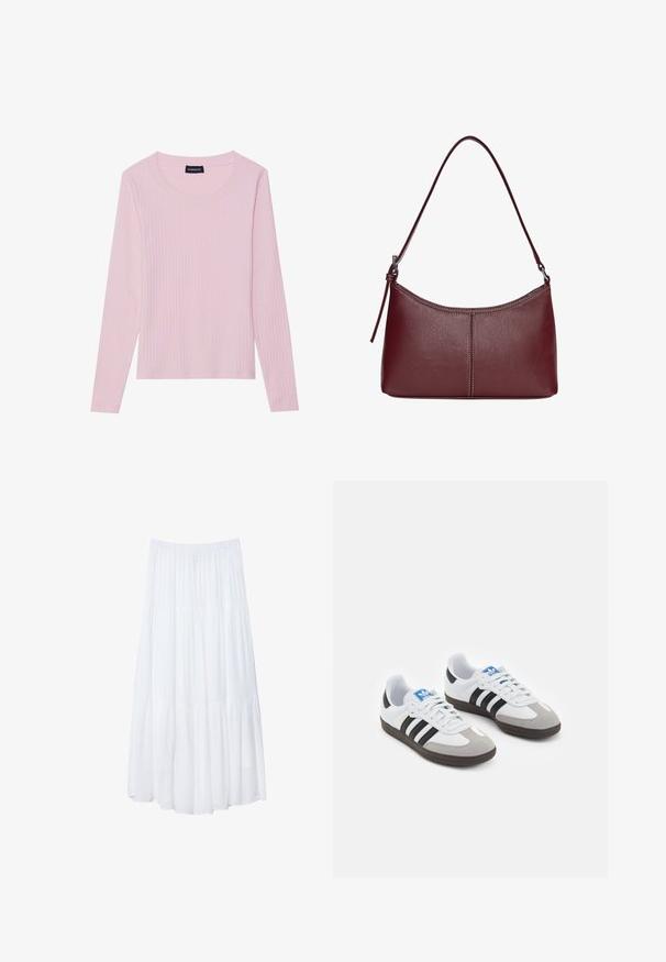 Helles, rosa langärmliges Oberteil mit gerundetem Ausschnitt und figurbetonter Silhouette. Hergestellt aus weichem, strukturiertem Stoff. Minimalistisches Design, ohne Muster.; Weißer, gestufter Maxi-Rock aus leichtem Stoff. Verfügt über einen elastischen Bund und ein fließendes Design mit weicher, subtiler Textur.; Sportschuhe mit einem Obermaterial aus weißem Leder, grauer Wildleder-Zehenkappe und drei schwarzen Streifen. Sie verfügen über ein blaues Logo auf der Zunge und eine strukturierte Gummisohle.; Bordeauxfarbene Ledertasche mit geschwungener Form, einem einzigen Schulterriemen und gesteppten Details in der Mitte. Glatte Textur, minimales Zubehör.