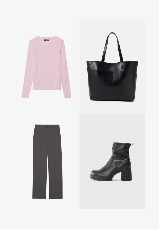 Light pink long-sleeve ribbed top with a rounded neckline and a fitted silhouette. Made of soft, textured fabric. Minimalist design, no patterns.; Grey trousers with a straight leg design, featuring two side pockets and a button closure. Smooth fabric with no visible patterns or accents.; Black ankle boots made of smooth leather, featuring a side zipper, chunky textured heel, and rounded toe design.; Black leather tote bag with two long handles, a smooth texture, and a structured shape. Features a front pocket for additional storage.