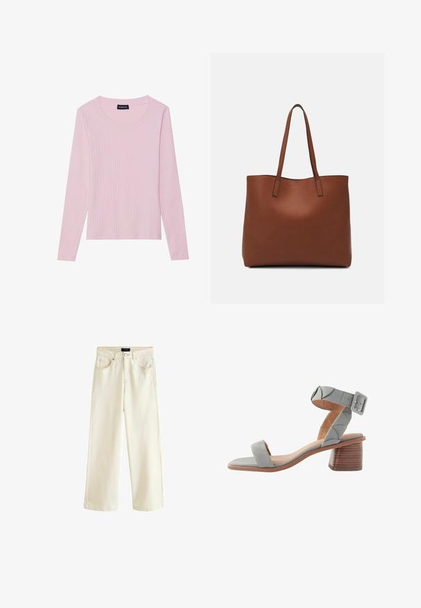 Gaiši rozā garo piedurkņu ribots tops ar noapaļotu dekoltē un pieguļošu siluetu. Izgatavots no mīkstas, teksturētas auduma. Minimālistisks dizains, bez rakstiem.; Platas kājas bikses gaiši bēša denimā, ar pogu aizdari, piecām kabatām un gludu tekstūru. Vienkāršs un mūsdienīgs dizains.; Next FOREVER COMFORTREGULAR FIT - Sandales - blue; Brūna ādas iepirkumu soma ar gludu tekstūru, atvērta augšdaļa un divas plecu siksnas. Izceļas ar minimālām šuvēm un redzamu aparatūru nav.