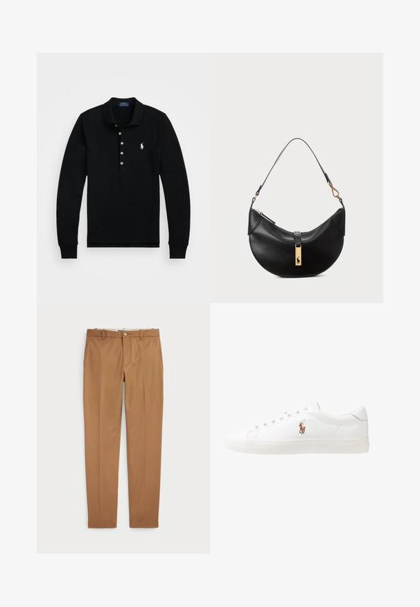 Polo Ralph Lauren STRETCH POLO SHIRT - Långärmad tröja - black; Bruna bomullshängslen med en slim-fit-design, platt front och standardfickor; mjuk textur och fållade muddar.; Vita lädersneakers, låg design, med en slät yta, rund tå, snörning fram och en liten broderad logotyp på sidan.; Svart läderhandväska i halvmåneform. Har en accent av guldhardware och en smal rem. Slät yta, blixtlåslås upptill.