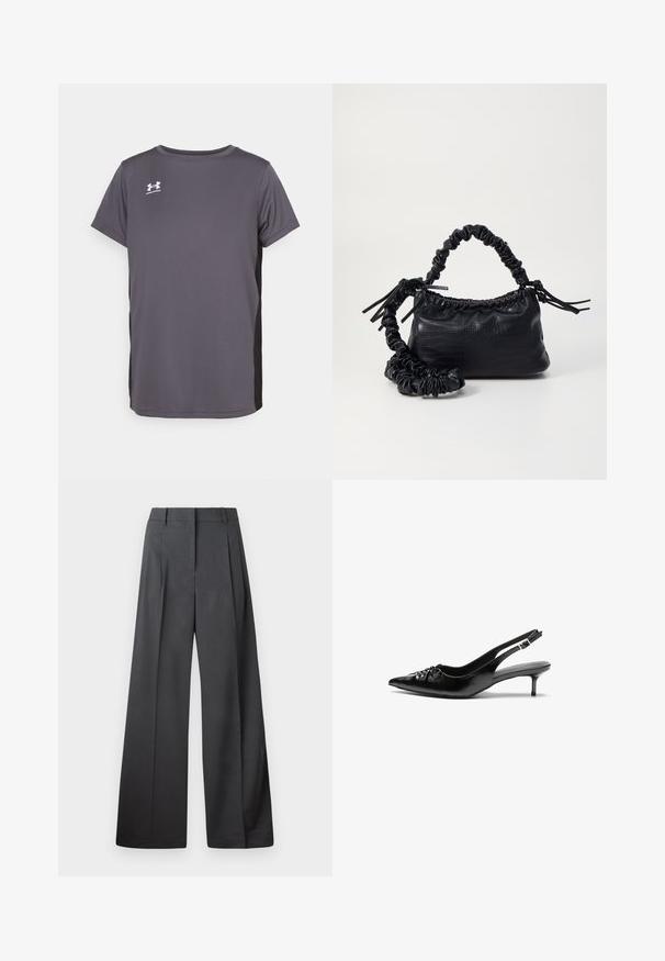Szürke sportpóló könnyű anyagból, rövid ujjú, kerek nyakkivágással, ellentétes fekete oldalsó panellel. Logó a mellkason.; Széles szárú nadrág sötétszürke anyagból, magas derekú, egyes redőkkel, sima textúrával és tiszta befejezéssel a szegélyeken.; Fekete bőrből készült slingback magassarkú cipők hegyes orral, kis francia sarokkal és díszes csomóval az elején. Az egész felületen sima textúra.; Fekete műbőr kézi táska krokodil bőr textúrával, összehúzható tetejű és gyűrt pánttal. Lágy és kompakt dizájnúnak tűnik.