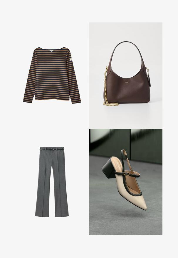 Pasiasty długi rękaw w kolorze granatowym i musztardowym, z dekoltem w łódkę oraz małą naszywką z logo na lewym rękawie. Miękka bawełniana tkanina.; Szare dopasowane spodnie o prostym kroju, wykonane z lekkiego materiału, z szlufkami na pasek oraz wąskim paskiem z srebrną klamrą.; Beżowe buty typu slingback z ostrym noskiem, czarnym wykończeniem, złotą klamrą i grubym obcasem na szarym podłożu z ciemnozielonym tłem.; COACH BROOKLYN ciemnobrązowy