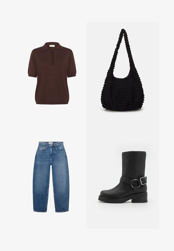 Hnědá polo tričko s krátkým rukávem, s klasickým límcem, tříknoflíkovou légou a texturovaným pleteným materiálem. Neformální, volný střih.; Džíny z modré denimu s vysokým pasem a rovnými nohavicemi, vybavené pěti kapsami, poutky na opasek a jemným vyblednutím pro přidanou texturu.; Černý kožený kotníkový bot s kulatou špičkou, silným podpatkem a dekorativním šněrováním kolem kotníku. Texturovaný povrch.; Černá texturovaná látková taška s jedním stočeným popruhem, s nadýchaným tvarem a nařaseným povrchem.