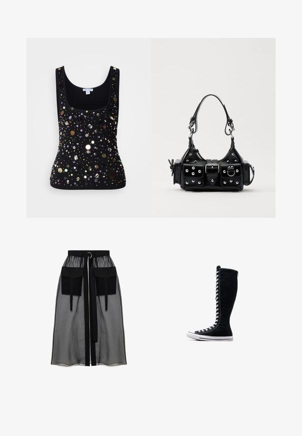 Czarny prążkowany top bez rękawów z dekoltem w kształcie litery U, ozdobiony różnymi błyszczącymi cekinami i koralikami w różnych kształtach i kolorach.; Czarna przezroczysta spódnica z marszczeniem w pasie, posiadająca dwie dużej wielkości kieszenie z przodu, pasek w talii oraz okrągły metalowy akcent.; Czarne wysokie trampki o wysokim designie, wykonane z płótna. Posiadają białe sznurowadła, przeszycia oraz gumową podeszwę z osłoną na palce.; Czarna skórzana torebka w zakrzywionym kształcie, z srebrnymi ćwiekami, klamrą i dwoma bocznymi kieszeniami. Regulowany pasek umożliwiający różne opcje noszenia.