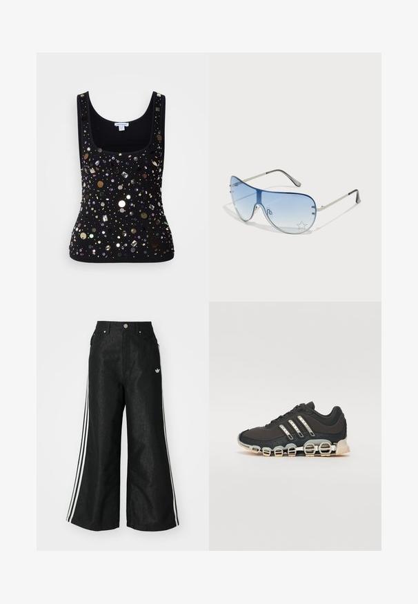 Top negru, fără mâneci, cu model ribbed și decolteu rotund, decorat cu diverse paiete și mărgele sclipitoare în multiple forme și culori.; Pantaloni din denim negri, cu croi evazat, având trei dungi albastre pe fiecare parte și un mic logo alb. Dispune de buzunare frontale și închidere cu buton.; Pantof cu aspect sport de culoare neagră, cu un superior texturat, trei dungi argintii și o talpă de amortizare distinctivă, ce prezintă multiple secțiuni integrate.; Ochelari de soare aviator cu lentilă gradient albastră, ramă metalică argintie și accente decorative sub formă de stele pe lentilă. Design neted și elegant.