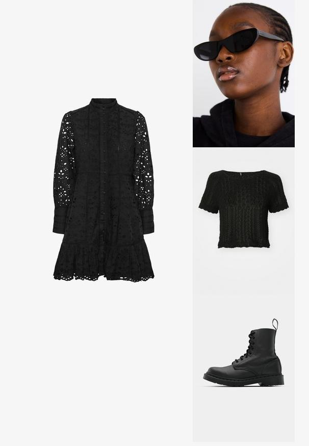 Black, cropped knit top with short sleeves, featuring a textured pattern of openwork and scalloped edges at the hem and sleeves.; Black embroidered dress with a high collar, button front, long sleeves, and a ruffled hem. Features cut-out floral and geometric patterns.; Black leather combat boot with a round toe, lace-up front, and a pull tab at the ankle. Features a thick rubber sole for durability.; Black cat-eye sunglasses with a matte finish, featuring a sleek design and gently curved edges, set against a model's dark clothing.; Silver hoop earrings with a smooth, polished finish. Round shape and secure click-top closure. Lightweight design suitable for everyday wear.