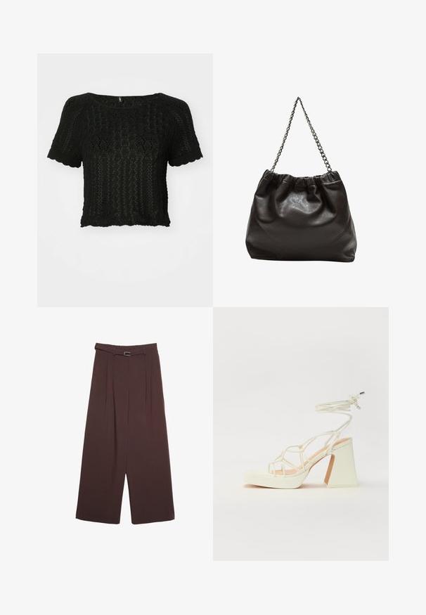 Czarny, krótki top dzianinowy z krótkimi rękawami, zdobiony teksturowanym wzorem ażurowym oraz falbankami na krawędziach dołu i rękawów.; Stradivarius - Spodnie materiałowe; Biała sandał na wysokim obcasie z masywnym słupkiem, z paskowym wzorem i wiązaniem przy kostce. Gładka faktura z platformą z przodu dla dodatkowej wysokości.; Brązowa skórzana torba z marszczonym szczytem i łańcuszkowym paskiem. Gładka tekstura z błyszczącym wykończeniem i subtelnymi detalami szwów po bokach.