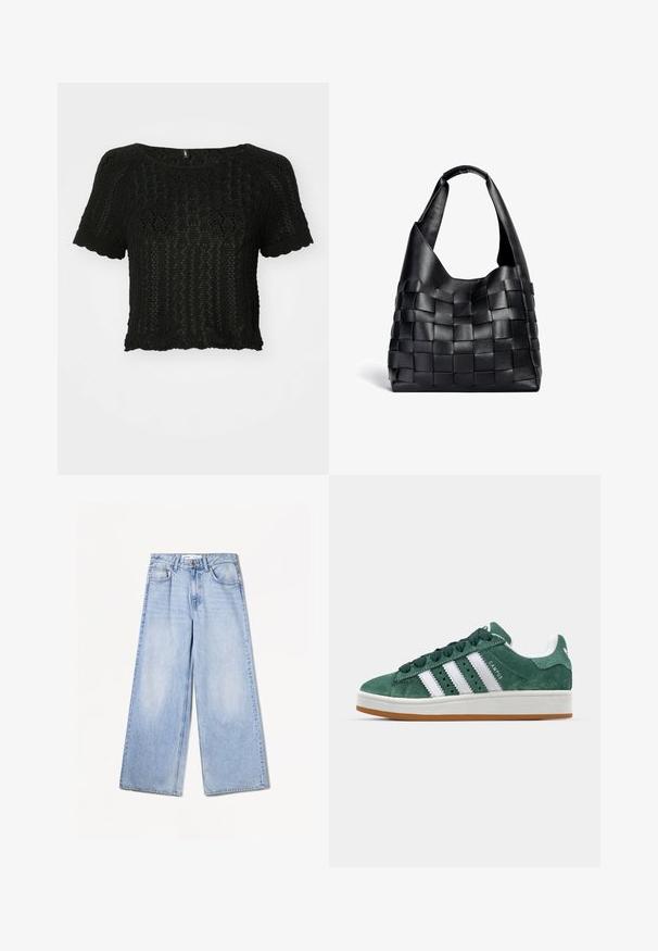 Črna, skrajšana pletena majica s kratkimi rokavi, ki ima teksturiran vzorec iz odprtejših delov in valovite robove na robovih in rokavih.; Bershka WIDE-LEG - Široke hlačnice - light-blue denim; Zeleni semiš športni copat z belimi usnjenimi črtami, gumijastim podplatom, oblazinjenim ovratnikom in minimalističnim dizajnom. Na strani je oznaka blagovne znamke.; Črna usnjena torba za rame s pletenim vzorcem in ohlapno obliko ter širokim naramnim trakom. Ima teksturiran, prepleten dizajn s gladkim zaključkom.