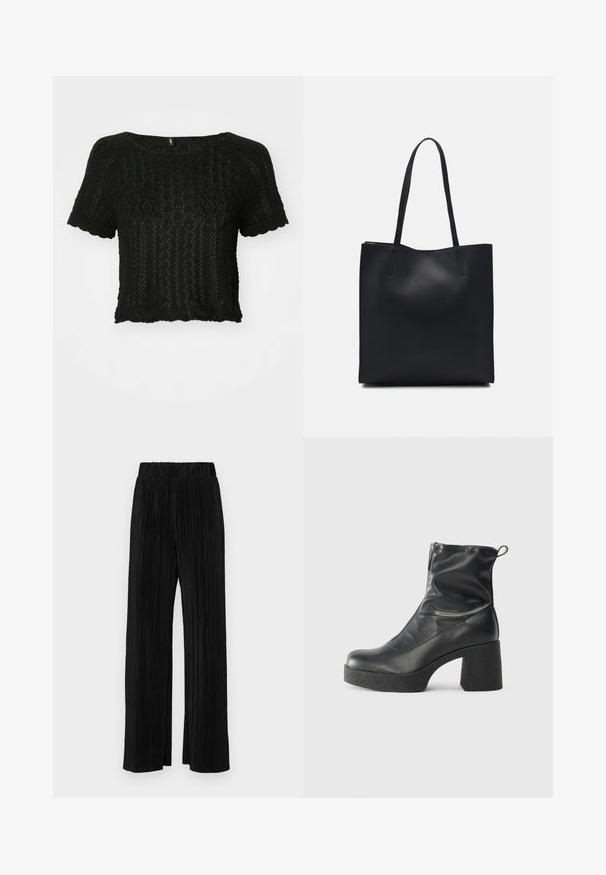 Top tricotat negru, scurt, cu manșete scurte, având un model texturat de dantelă și margini ondulate la tiv și manșete.; Pantaloni negri plisati cu talie elastică. Prezintă picioare largi și un material neted, texturat, cu dungi verticale.; Bocanci negri de glezna din piele netedă, cu fermoar lateral, toc texturat și masiv, și design cu vârf rotund.; Geantă tote neagră din piele, cu textură netedă, formă rectangulară și două mânere lungi. Fără hardware vizibil sau ornamente.