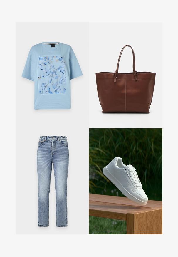 Svetlo modra bombažna majica s širokim cvetličnim vzorcem v odtenkih modre in krem, z okroglim izrezom in kratkimi rokavi.; Svijetloplave traperice s ravnim krojem, visokim strukom, izblijedjelom teksturom i pet džepova. Ima metalno dugme i zatvarač.; Bela teniska s gladkim sintetičnim zgornjim delom, perforiranim prednjim delom, ravnimi vezalkami in teksturiranim podplatom, prikazana na leseni površini.; Rjava usnjena torba z dvema ročajema, z kontrastnim šitjem in prostornim dizajnom, primerna za vsakodnevno uporabo.