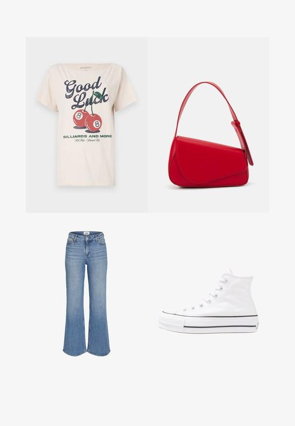 Κρεμ T-shirt από βαμβάκι, διακοσμημένο με μεγάλη γραφική εκτύπωση που γράφει "Καλή τύχη", δύο κόκκινες κερασούλες και το κείμενο "Μπιλιάρδα και άλλα" από κάτω.; Ανοιχτό μπλε τζιν παντελόνι με φαρδύ κάτω μέρος και ψηλή μέση, με μπροστινές τσέπες, φερμουάρ και ήπια ξεθώριασμα. Οι ραφές είναι ορατές κατά μήκος των άκρων.; Λευκό ψηλό καμβαδάκι αθλητικό παπούτσι με μαύρη καουτσούκ σόλα, πρόσθιο καουτσούκ καλύμματος δακτύλου και έξι οπές για κορδόνια, με μια καθαρή και μίνιμαλ σχεδίαση.; Κόκκινη δερμάτινη τσάντα χειρός με γωνιακό, γεωμετρικό σχέδιο. Διαθέτει έναν ρυθμιζόμενο ιμάντα και κλείσιμο με καπάκι που έχει ραφές.