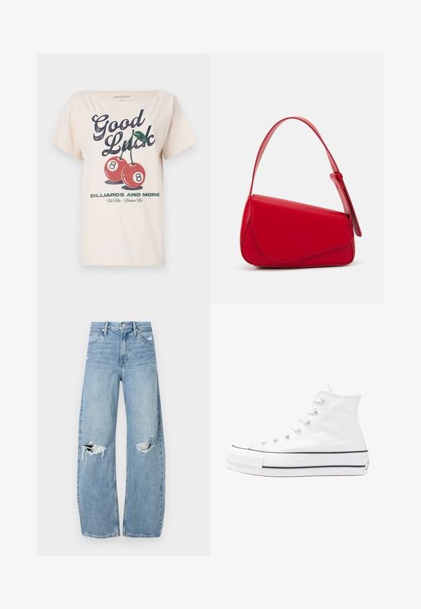 Krēmkrāsas T-krekls, kas izgatavots no kokvilnas, ar lielu grafisku apdruku, kurā ir uzraksts "Veiksmi", divas sarkanas ķiršus un apakšā teksts "Billiards and More".; Gaiši zili, augstās vidukļa džinsi, kas izgatavoti no denima. Iespējas plašas kājas, divas plēstas ceļa daļas un klasiskā piecu kabatu dizains.; Balti augstie kanvas sporta apavi ar melnu gumijas zoli, priekšējo gumijas purngalu un sešām acīm lencēm, kuriem ir tīrs, minimālistisks dizains.; Sarkans ādas rokassomi ar stūrainu, ģeometrisku dizainu. Iekļauj vienu regulējamu siksnu un vāku ar izšūtu detaļu.