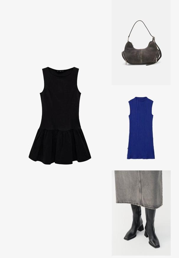 Modrá bezrukávová šaty s vysokým golierom, so zvislými rebrovanými textúrami, bočnými rozparkami a voľným strihom.; Čierne bezrukávové šaty s priliehavým trupom a rozšírenou plisovanou sukňou. Vyrobené z mäkkej látky, s okrúhlym výstrihom a bez ozdôb.; Čierne kožené čižmy po kolená s hranatou špičkou a blokovým podpätkom. Nosené s sivou džínsovou sukňou s rozstrapkaným lemom.; Hobo taška v tmavosivej semišovej úprave s zakriveným tvarom, horným uchom a bočnými zipsami s kovovými ťaháčikmi. Hladká textúra a viditeľné švy.