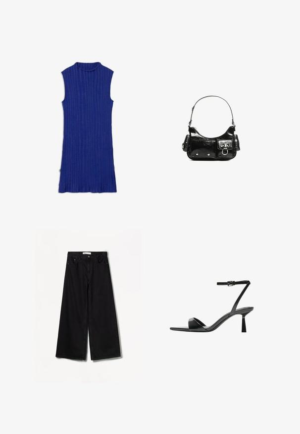 Abito senza maniche blu con colletto alto, caratterizzato da una texture a righe verticali, fessure laterali e una vestibilità morbida.; Bershka WIDE-LEG - Wide Leg - black; Bershka Sandali con tacco - black; Borsa a spalla in vernice nera con forma curvata, una tracolla, tasche frontali e dettagli in metallo argentato.