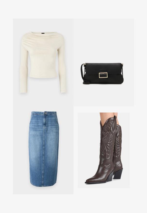 Gina Tricot Long sleeved top - turtledove; Denim pencil skirt in light blue featuring a straight cut, front button closure, and subtle fading. Hemline is just above the knee.; Brown leather cowboy boots with pointed toe and block heel, featuring detailed stitching and raised accents on the shaft.; Black leather clutch bag with a flap and a gold metal buckle detail. Includes a black strap and a sleek, minimalist design.; Gold hoop earrings with a smooth, shiny finish. Circular design featuring a small post and clear backing for secure wear.