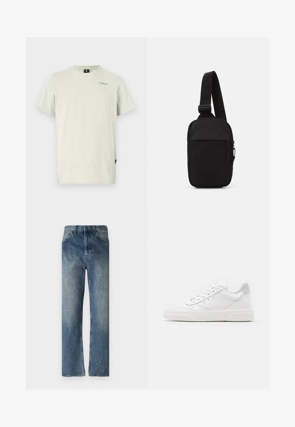 Helles beiges T-Shirt aus weichem Baumwollmaterial. Es hat einen Rundhalsausschnitt, kurze Ärmel und einen kleinen Logo-Druck auf der oberen linken Seite.; Blaue Denim-Jeans mit geradem Bein, featuring einem verwaschenen Look, Gürtelschlaufen, Vordertaschen und einer einzelnen Gesäßtasche.; Weiße Leder-Sneaker mit glatter Oberfläche, rundem Zehenbereich, flachen Schnürsenkeln und strukturiertem Schuhsohlen. Graues Wildleder-Detail an der Ferse.; Schwarze Umhängetasche aus robustem Gewebe, mit einem verstellbaren Tragegurt, einem Reißverschluss-Hauptfach und einer Fronttasche.