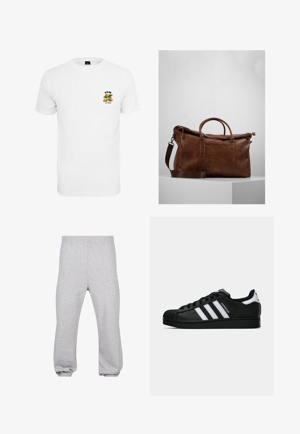 Valge puuvillane T-särk, mille esiküljel on graafika sidrunitest ja tekst: "ERINEV OLLA ON OK." Klassikaline ümar kaelus ja lühikesed varrukad.; Hallide hallid puuvillasegusest kangast dressipüksid, millel on elastne vöökoht, kitsenevad jalad ja mansetid. Lihtne disain, ilma mustriteta.; Mustad musta värvi Adidas Superstar toss, millel on valged triibud, koonuseline varvas ja küljes "Superstar" tekst, esitatud külgvaates valgel taustal.; Pruunist nahast nädalavahetuse kott, millel on lukuga sulgur, topeltkäepidemed, reguleeritav õlavarre rihm ja nähtavad tekstuurimustrid pinnal.