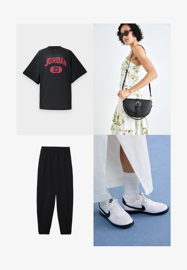 Melnā sietu džersija ar uzrakstu "JORDAN" treknā sarkanā krāsā un numuru "23" sarkanā ovālā. Brīvs piegriezums ar īsām piedurknēm.; Melnas, vieglas bikses ar elastīgu jostu un savilktiem potītiem. Audums ir gluds un to raksturo brīva, sašaurināta forma.; Baltas Nike apavi ar melniem akcentiem, kas izgatavoti no gludas ādas, baltām auklām un izturīgiem gumijas zoleiem, savienoti ar baltām ribotām zeķēm.; Melnas ādas rokassoma ar izliekta formu, noņemamu siksnu un zelta aksesuāriem. Somai ir vāciņš ar sprādzes detaļu.