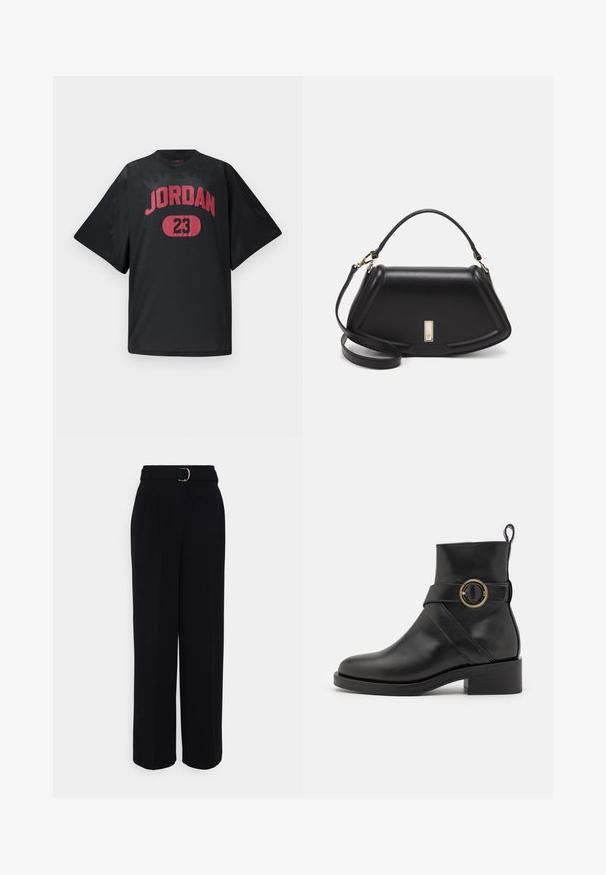 Jersey de malla negra con el texto "JORDAN" en rojo negrita y el número "23" en un óvalo rojo. Corte holgado con mangas cortas.; Pantalones negros ajustados con una silueta de pierna ancha, que incluyen un cinturón con hebilla de plata, pliegues y una textura de tela suave.; BOSS IRYNA BOOTIE - Botines con plataforma - black; Bolso de mano de cuero negro con un diseño estructurado, que presenta una forma recortada, asa superior y acentos en dorado. Correa de hombro ajustable incluida.