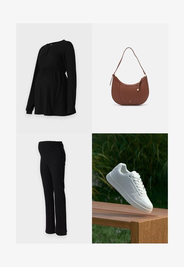 Juodas nėštumo marškinėlis su ilgomis rankovėmis, raštuota struktūra, elastinga juosmens dalimi ir apvaliu kaklu, turinčiu mažą skylutės detalę priekyje.; ONLY MATERNITY OLMHALLE - Kelnės - black; Balti sneakeriai su lygia sintetine viršutine dalimi, perforuota pirštų zona, plokščiomis raištelėmis ir tekstūruotu padu, padėti ant medinės paviršiaus.; Ruda dirbtinės odos petinė piniginė su kreiva forma, minimalia siuvimo linija ir auksinės spalvos įranga. Yra užtrauktuko uždarymas viršuje ir reguliuojama petneša.
