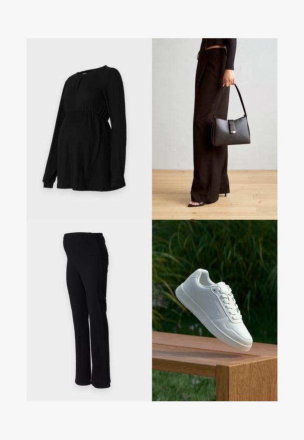 Zwarte zwangerschapsblouse met lange mouwen, geribbelde textuur, elastische tailleband en een ronde hals met een kleine sleutelgatdetail aan de voorkant.; ONLY MATERNITY OLMHALLE - Broek - black; Witte sneaker met een gladde synthetische bovenkant, geperforeerde neus, platte veters en een gestructureerde zool, tentoongesteld op een houten oppervlak.; Zwarte handtas met gestructureerde vorm, gladde textuur en een metalen sluiting. Gecombineerd met brede zwarte broeken en sandalen met open teen op een houten vloer.