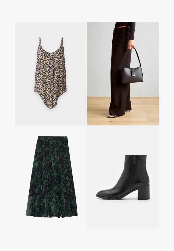 Camisole s leopardím vzorom v béžovej a hnedej farbe, s nastaviteľnými ramienkami a gombíkovým detailom na prednej strane s asymetrickým lemom.; Čierna sukňa s zeleným kvetinovým vzorom, s volánovými okrajmi a záhybmi. Vyrobená z ľahkej tkaniny, ponúkajúca splývavý strih.; Čierne členkové boty z hladkej kože so zipsom na boku. Majú špicatú špičku a textúrovaný blokový opätok pre stabilitu.; Čierna kabelka so štruktúrovaným tvarom, hladkou textúrou a kovovou sponou. V kombinácii so širokými čiernymi nohavicami a sandálmi s otvorenou špičkou na drevenej podlahe.