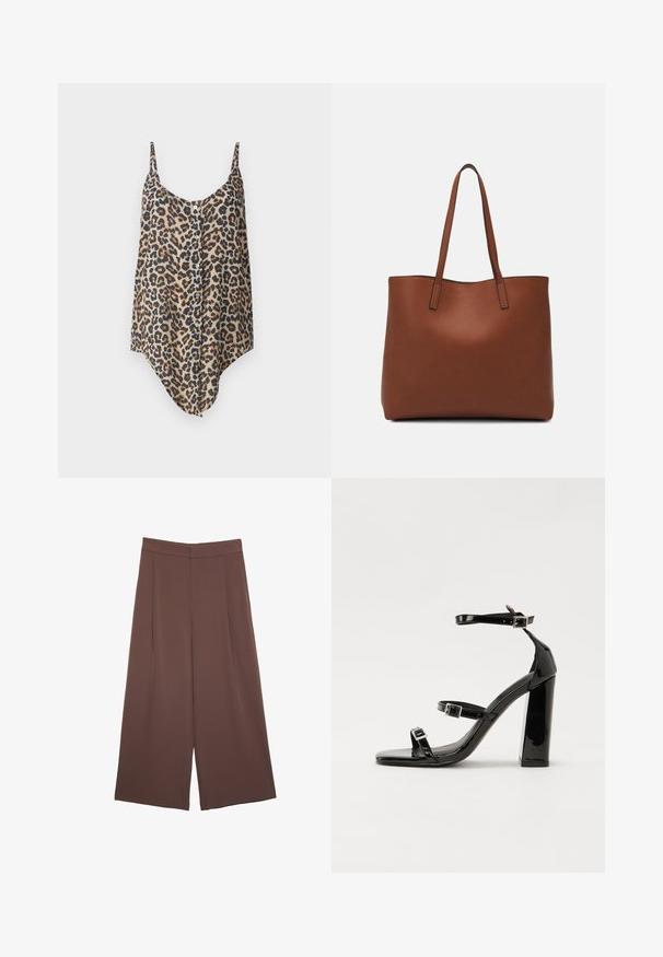 Camisole w wzór w panterkę w odcieniu beżowym i brązowym, z regulowanymi ramiączkami i guzikiem z przodu oraz asymetrycznym dołem.; Brązowe spodnie o szerokich nogawkach z gładką fakturą, z wysokim stanem i plisami z przodu. Materiał jest lekki i luźno opada.; Czarne lakierowane sandały na obcasie z kwadratowym noskiem, z paskami wokół kostki i srebrnymi klamrami. Posiadają masywny słupek dla stabilności.; Brązowa skórzana torba tote o gładkiej fakturze, z otwartym wierzchem i dwoma ramiączkami. Charakteryzuje się minimalnym przeszyciem i brakiem widocznych elementów metalowych.