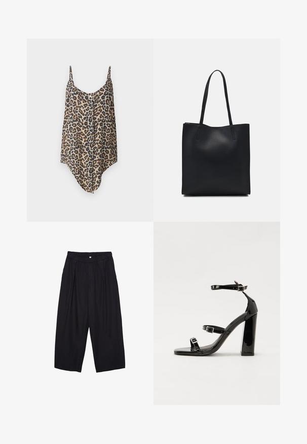 Beige ja ruskeapilkkuinen kamisole, jossa on reguleeritavad rihmad ja nööpidelikendus ees ning asümmeetriline hem.; Musta polyesterinen culotte-housut, jossa on joustava vyötärö, kaksi etupleettiä ja löysä siluetti. Ei näkyviä kuvioita tai metallisia yksityiskohtia.; Musta kiiltävä korkokenkä sandaalit neliönmuotoisella varpaalla, nilkkaremmillä ja hopeisilla soljilla. Varustettu tukevalla lohkokorkealla vakauden takaamiseksi.; Mustapahkainen kangaskassi, jossa on sileä pinta, suorakaiteen muotoinen ja kaksi pitkää kahvaa. Ei näkyvää metalliosaa tai koristeita.