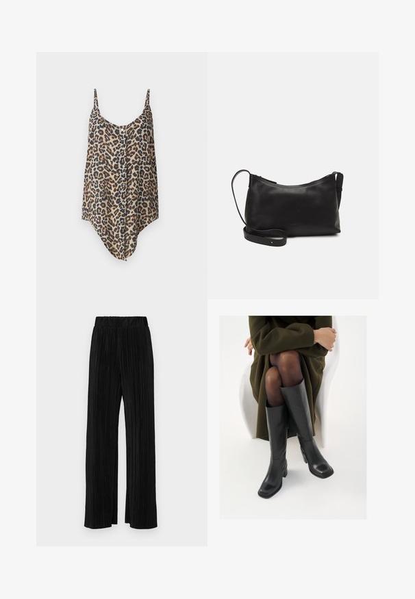 Camisola con stampa leopardata in beige e marrone, dotata di spalline regolabili e dettaglio di bottoni sul davanti con una zona asimmetrica.; Pantaloni neri a plissé con vita elasticizzata. Presentano gamba ampia e un tessuto liscio e texture con strisce verticali.; Stivali neri in pelle alti fino al ginocchio con punta squadrata e tacco a blocco, mostrati con un modello seduto in un cappotto verde oliva. Texture liscia, dettagli minimi.; Borsa a spalla in pelle nera con una texture liscia, forma curva, tracolla regolabile e chiusura con zip. Design minimalista senza ornamenti.
